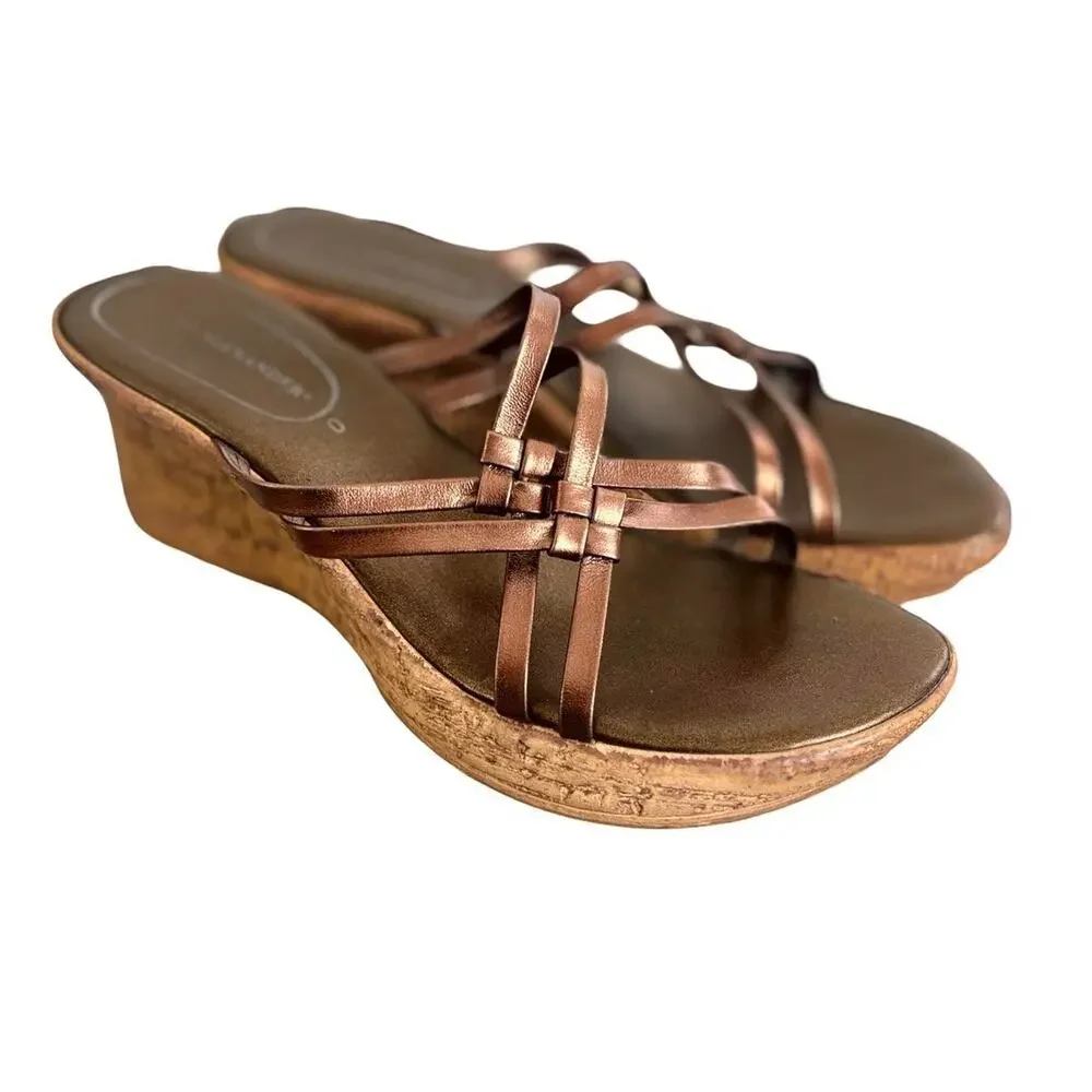 Y2K VTG. CHUNKY BROWN/BRONZE LEATHER WEDGE SANDALS SZ.‎ 9.5-10 EUC